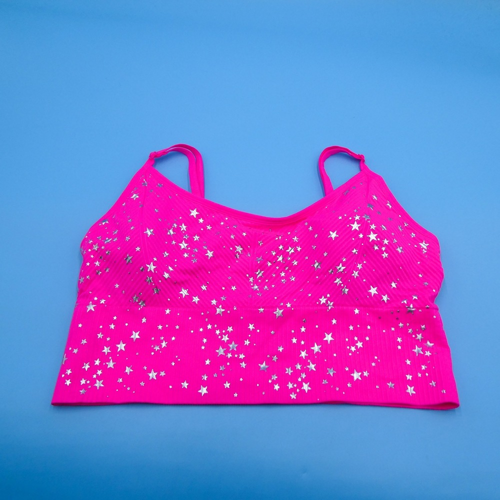 Pink Sports Bra Women XL Seamless Lightly‎ Lined Neon Pink Silver Star Recycled